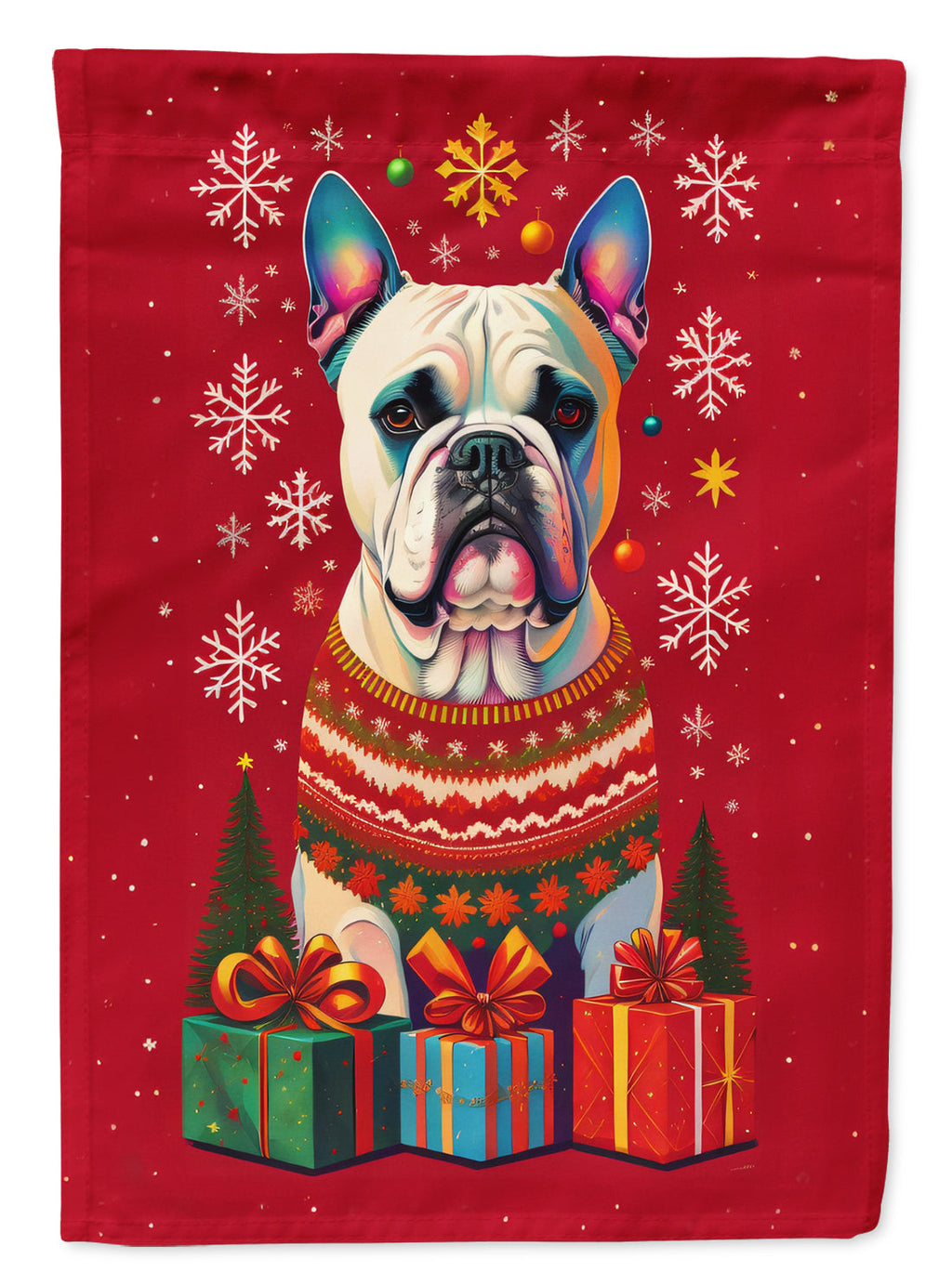White Boxer Cropped Ears Holiday Christmas House Flag 28x40 Porch Sleeve Pole Decorative Outside Yard Banner Artwork Wall Hanging, Polyester