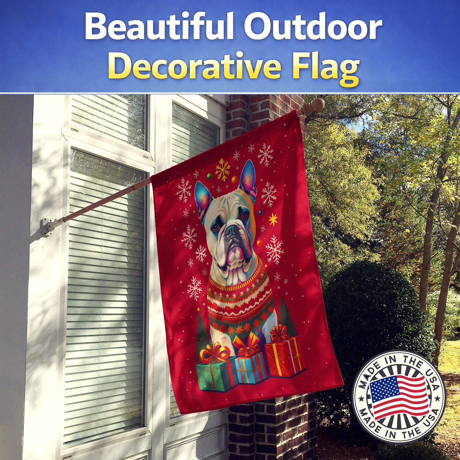 White Boxer Cropped Ears Holiday Christmas House Flag 28x40 Porch Sleeve Pole Decorative Outside Yard Banner Artwork Wall Hanging, Polyester