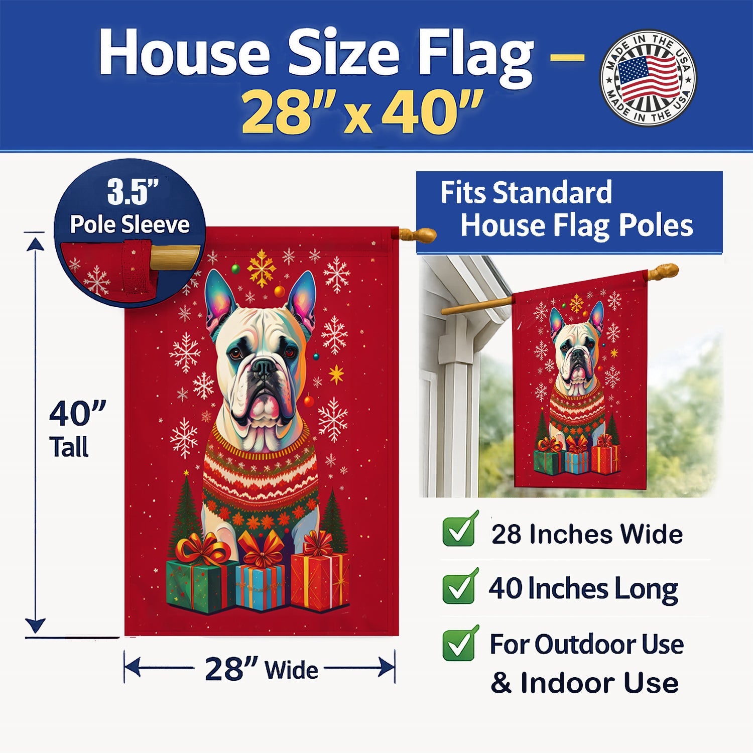 White Boxer Cropped Ears Holiday Christmas House Flag 28x40 Porch Sleeve Pole Decorative Outside Yard Banner Artwork Wall Hanging, Polyester