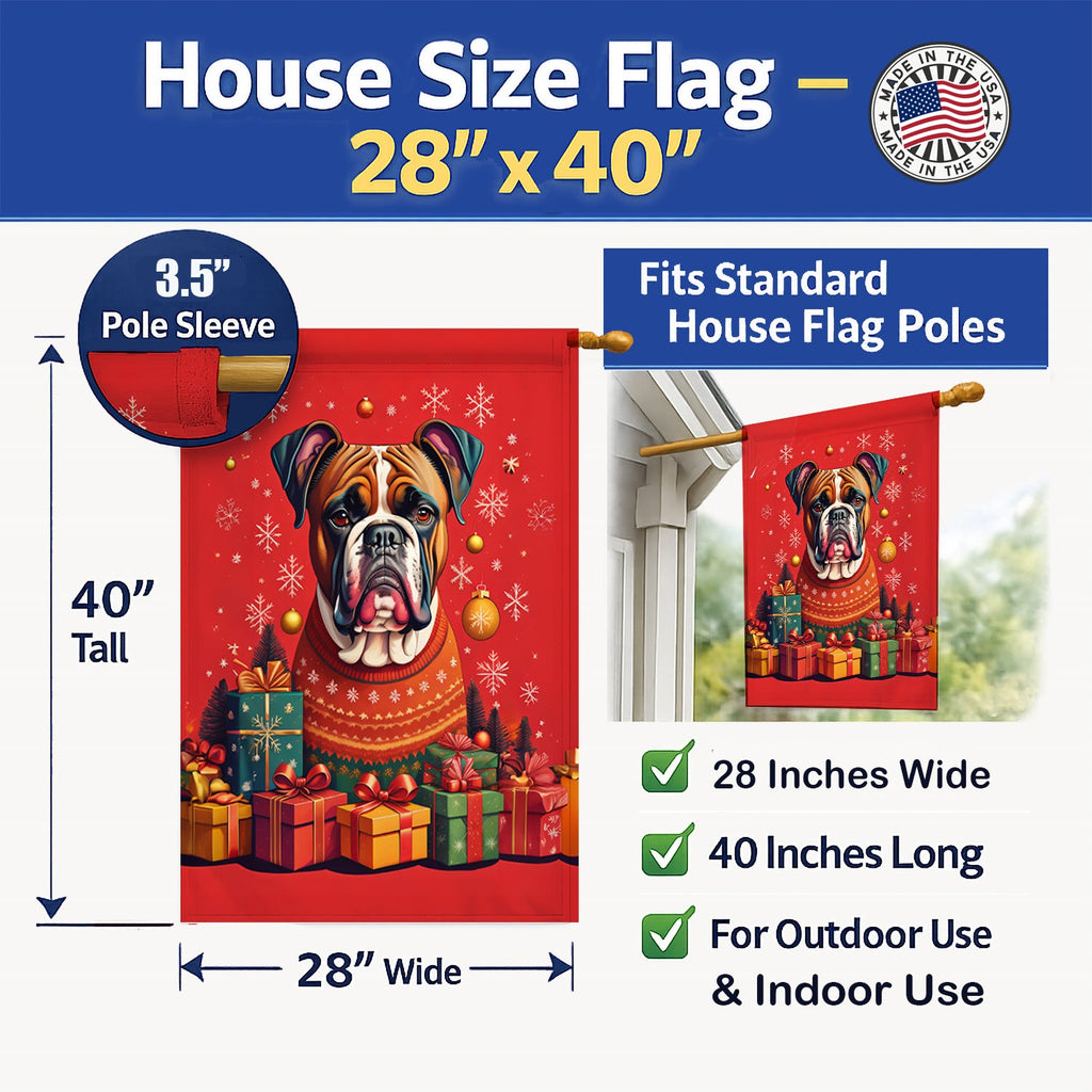 Fawn Boxer Holiday Christmas House Flag 28x40 Porch Sleeve Pole Decorative Outside Yard Banner Artwork Wall Hanging, Polyester