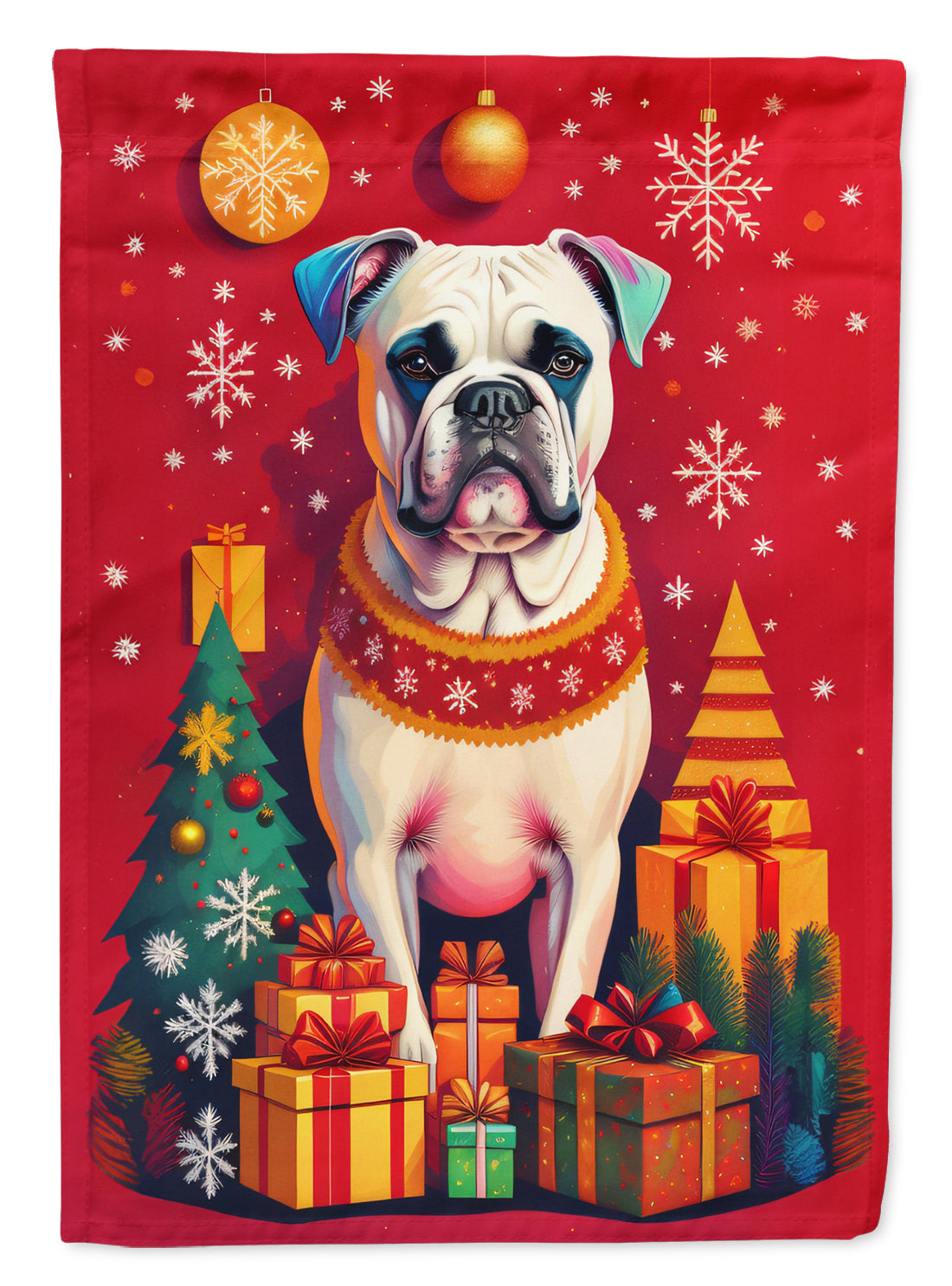 White Boxer Holiday Christmas House Flag 28x40 Porch Sleeve Pole Decorative Outside Yard Banner Artwork Wall Hanging, Polyester
