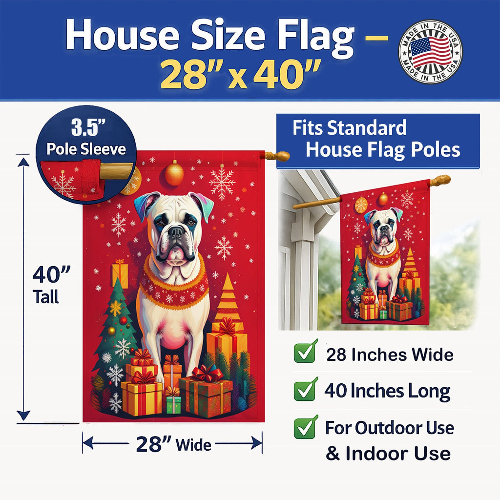 White Boxer Holiday Christmas House Flag 28x40 Porch Sleeve Pole Decorative Outside Yard Banner Artwork Wall Hanging, Polyester