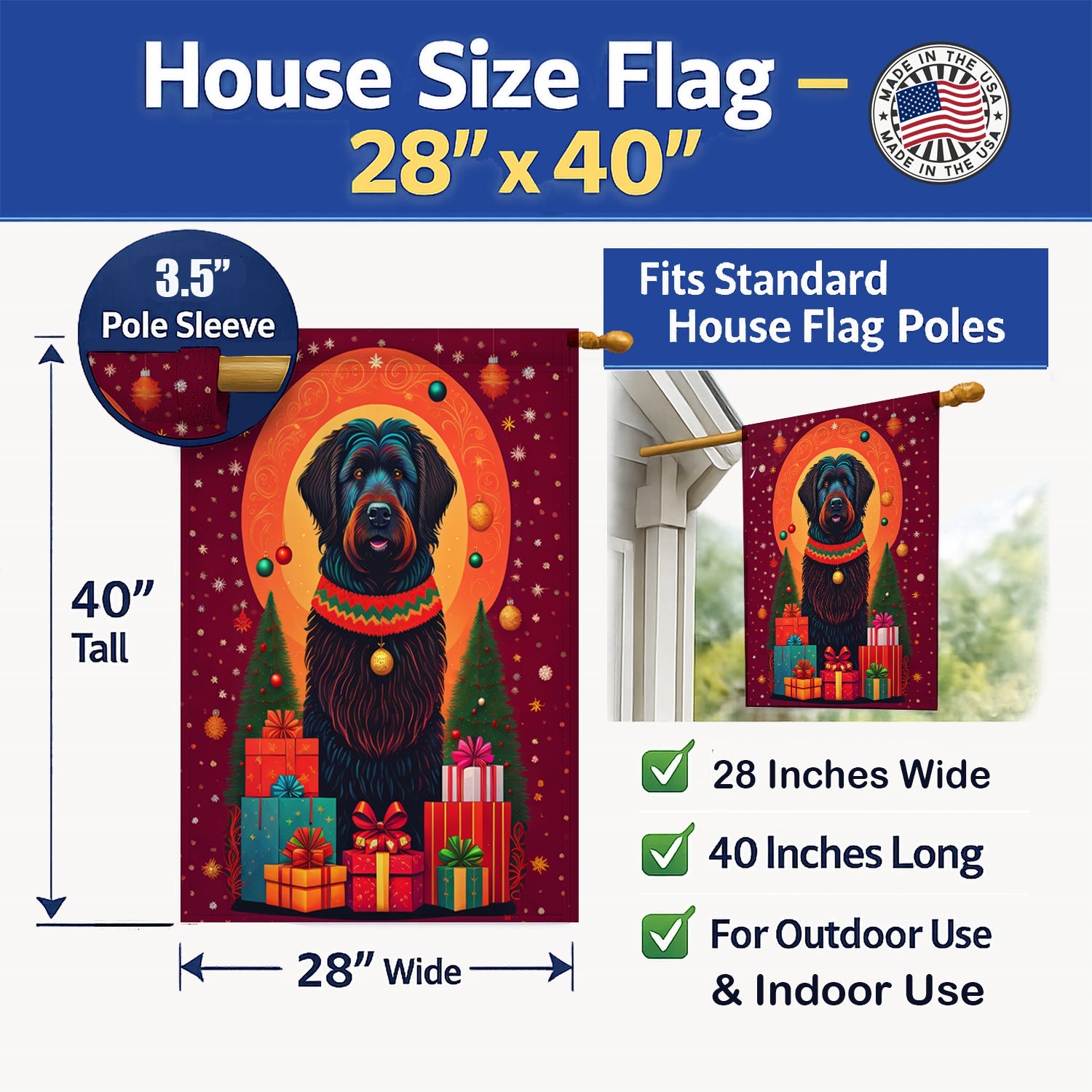 Black Briard Holiday Christmas House Flag 28x40 Porch Sleeve Pole Decorative Outside Yard Banner Artwork Wall Hanging, Polyester
