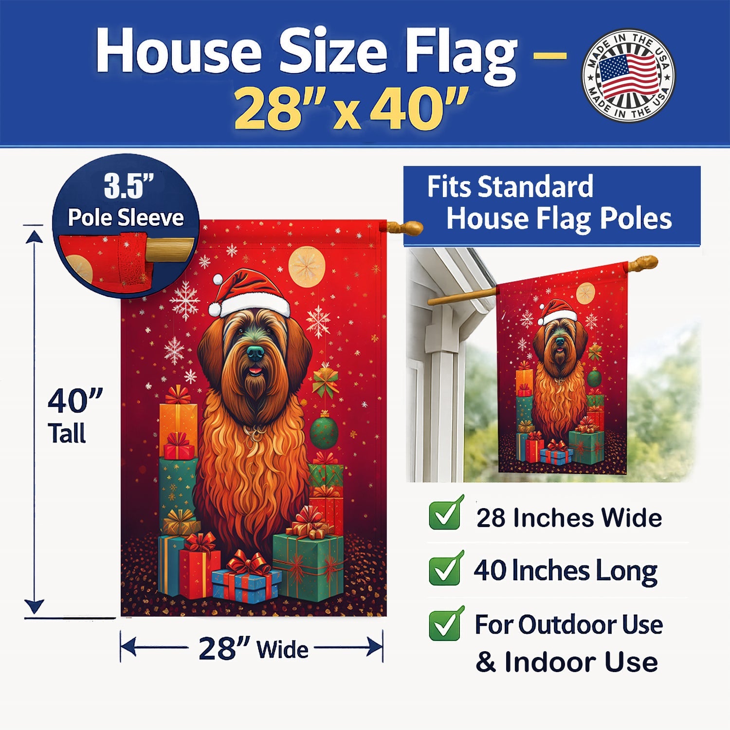 Briard Holiday Christmas House Flag 28x40 Porch Sleeve Pole Decorative Outside Yard Banner Artwork Wall Hanging, Polyester