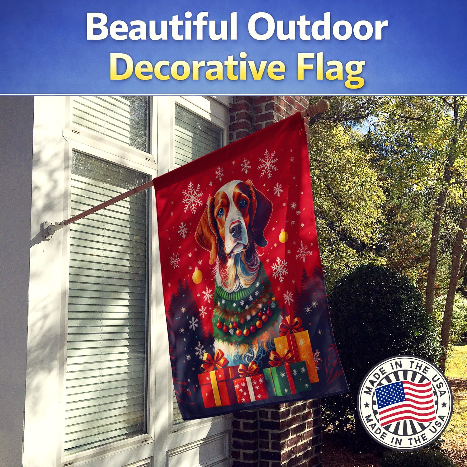 Brittany Spaniel Holiday Christmas House Flag 28x40 Porch Sleeve Pole Decorative Outside Yard Banner Artwork Wall Hanging, Polyester