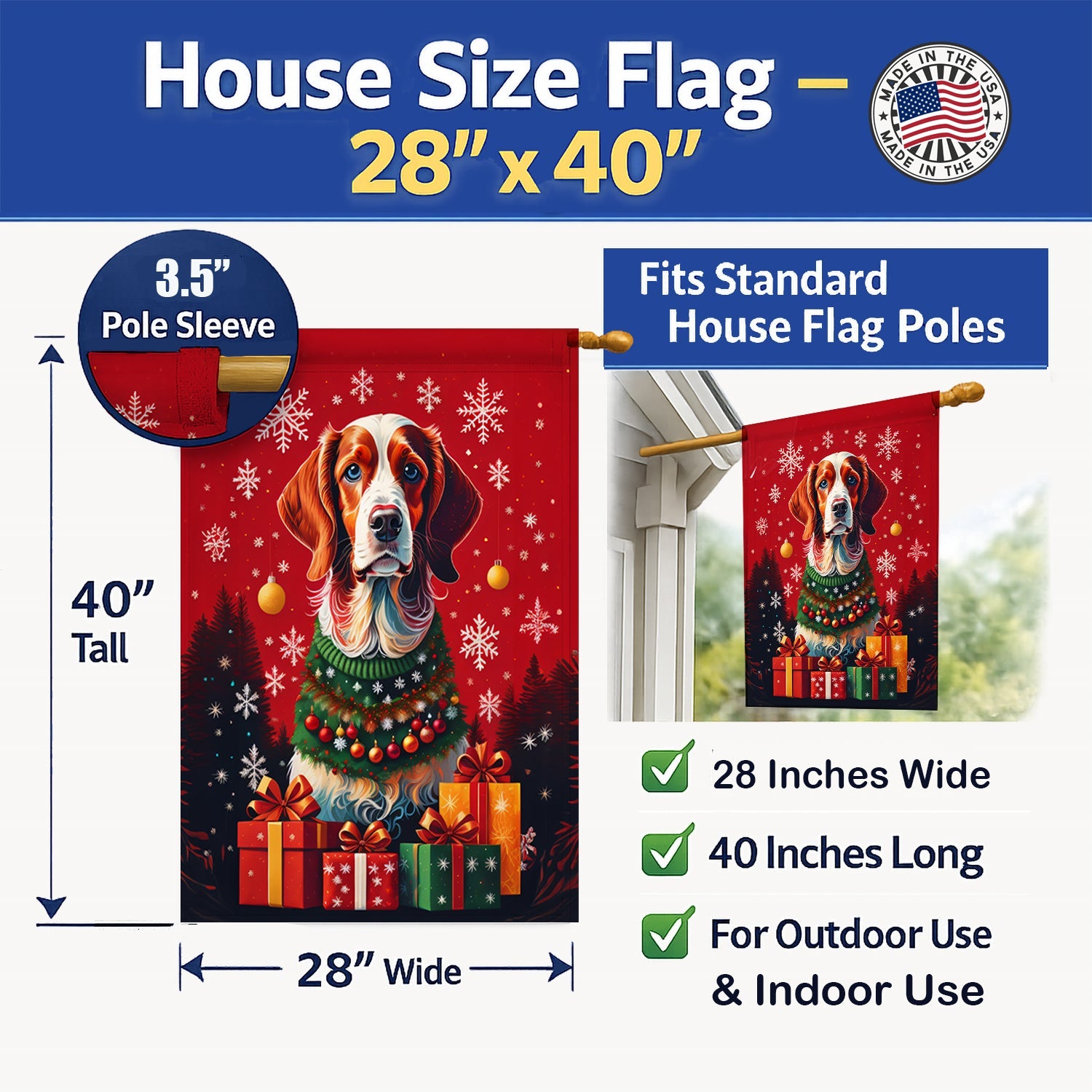 Brittany Spaniel Holiday Christmas House Flag 28x40 Porch Sleeve Pole Decorative Outside Yard Banner Artwork Wall Hanging, Polyester