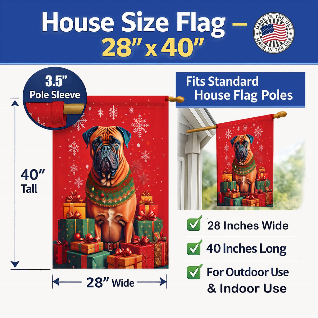 Bullmastiff Holiday Christmas House Flag 28x40 Porch Sleeve Pole Decorative Outside Yard Banner Artwork Wall Hanging, Polyester