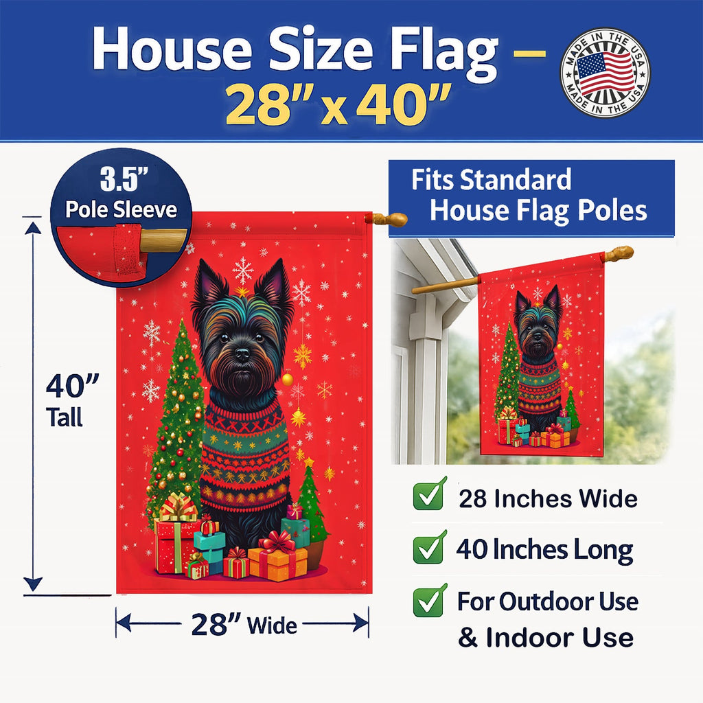 Black Cairn Terrier Holiday Christmas House Flag 28x40 Porch Sleeve Pole Decorative Outside Yard Banner Artwork Wall Hanging, Polyester