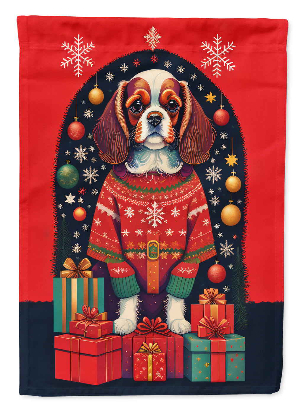 Cavalier Spaniel Holiday Christmas House Flag 28x40 Porch Sleeve Pole Decorative Outside Yard Banner Artwork Wall Hanging, Polyester