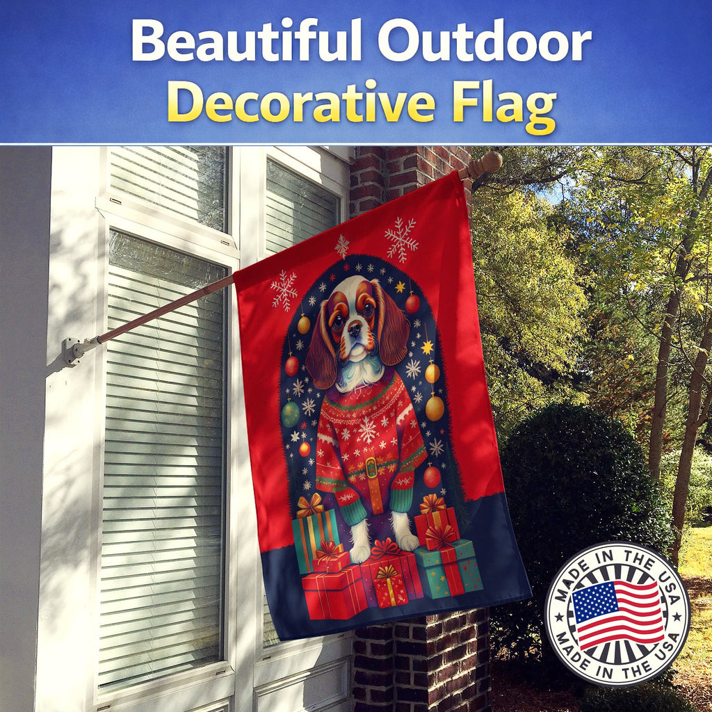 Cavalier Spaniel Holiday Christmas House Flag 28x40 Porch Sleeve Pole Decorative Outside Yard Banner Artwork Wall Hanging, Polyester