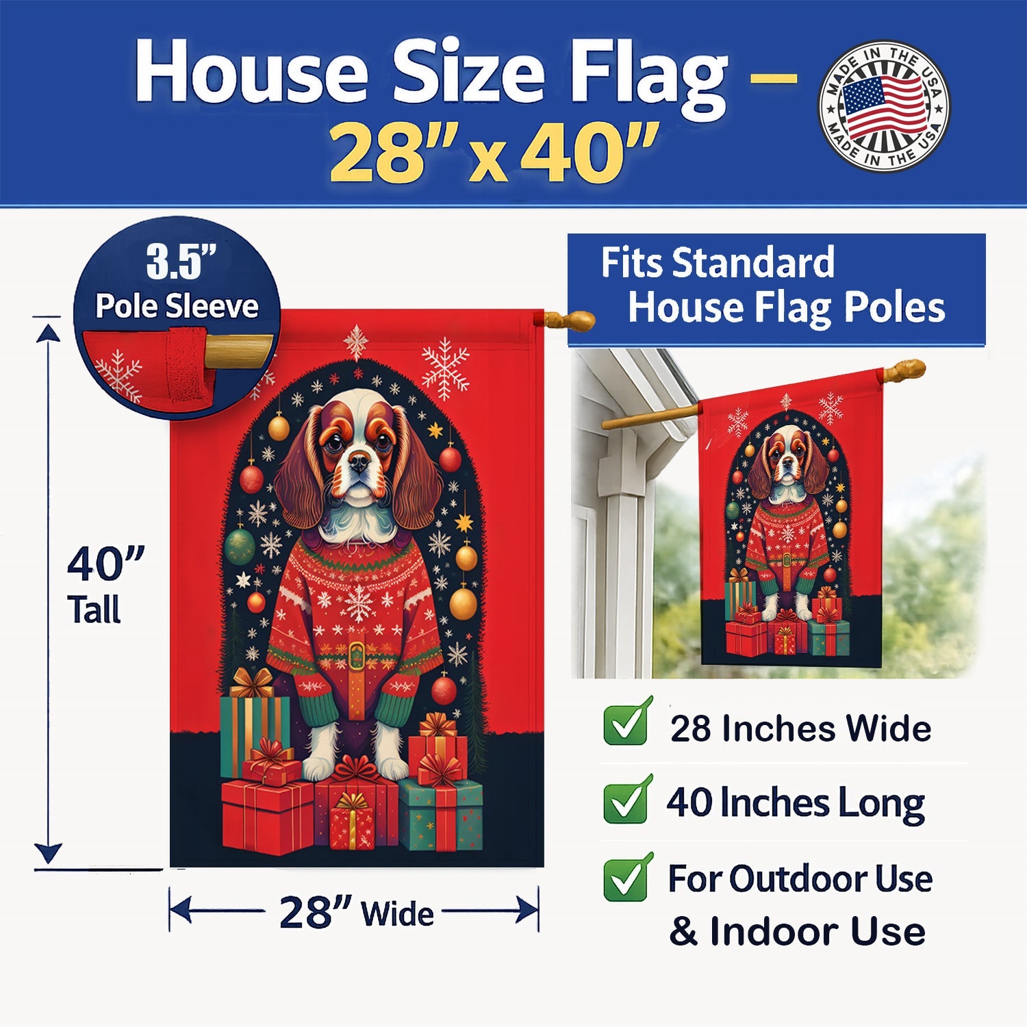Cavalier Spaniel Holiday Christmas House Flag 28x40 Porch Sleeve Pole Decorative Outside Yard Banner Artwork Wall Hanging, Polyester
