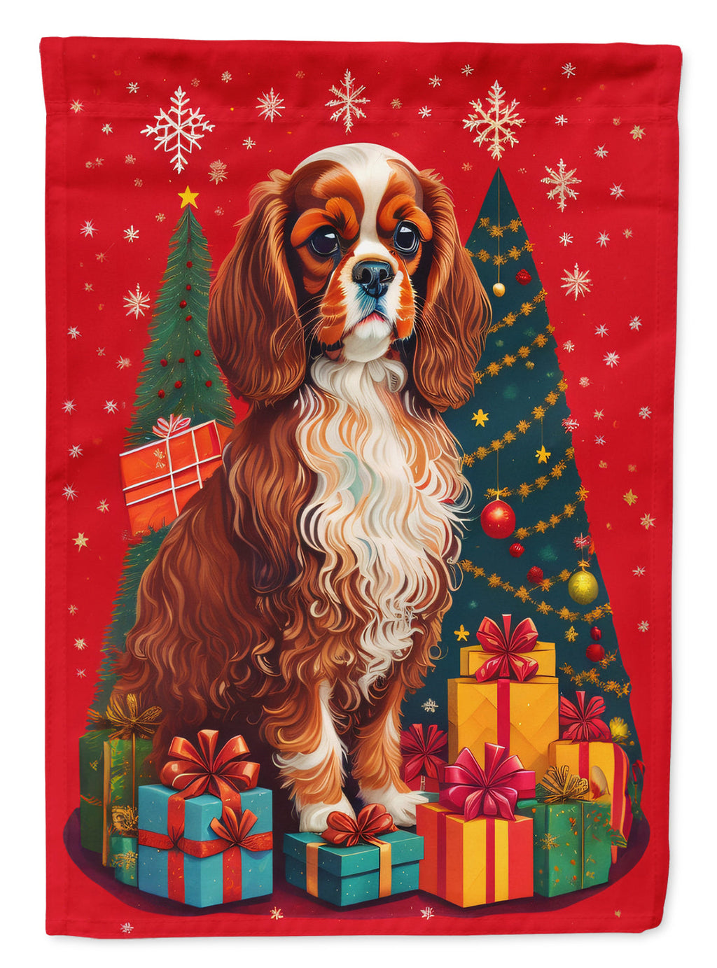 Cavalier Spaniel Holiday Christmas House Flag 28x40 Porch Sleeve Pole Decorative Outside Yard Banner Artwork Wall Hanging, Polyester