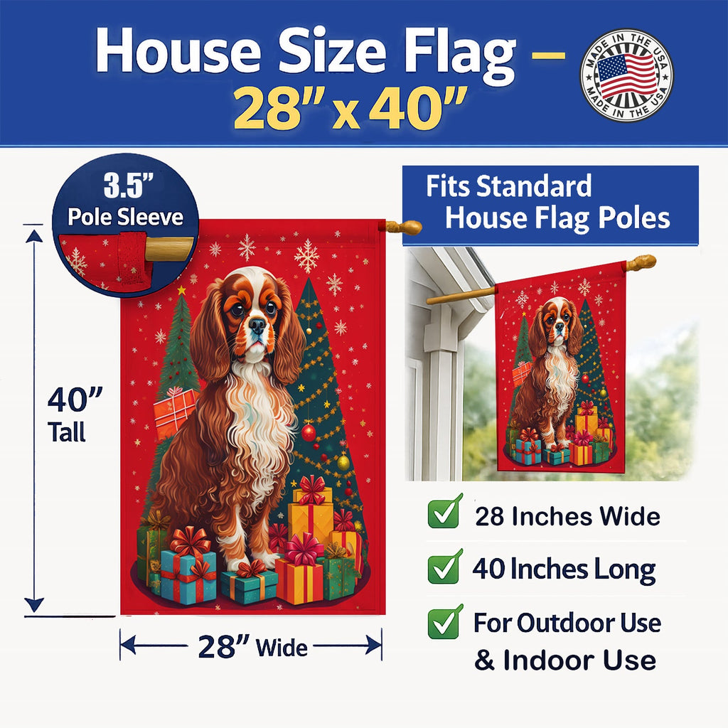 Cavalier Spaniel Holiday Christmas House Flag 28x40 Porch Sleeve Pole Decorative Outside Yard Banner Artwork Wall Hanging, Polyester