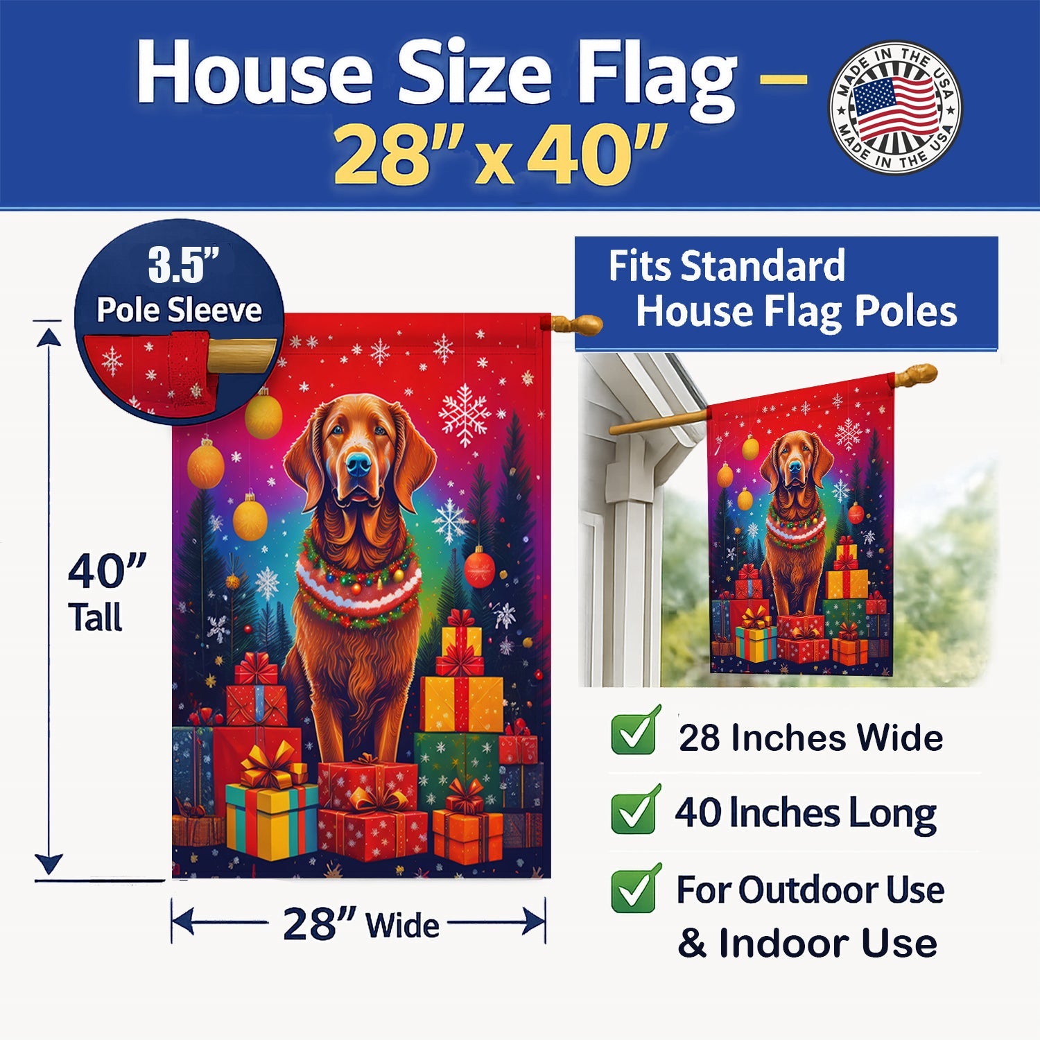 Chesapeake Bay Retriever Holiday Christmas House Flag 28x40 Porch Sleeve Pole Decorative Outside Yard Banner Artwork Wall Hanging, Polyester