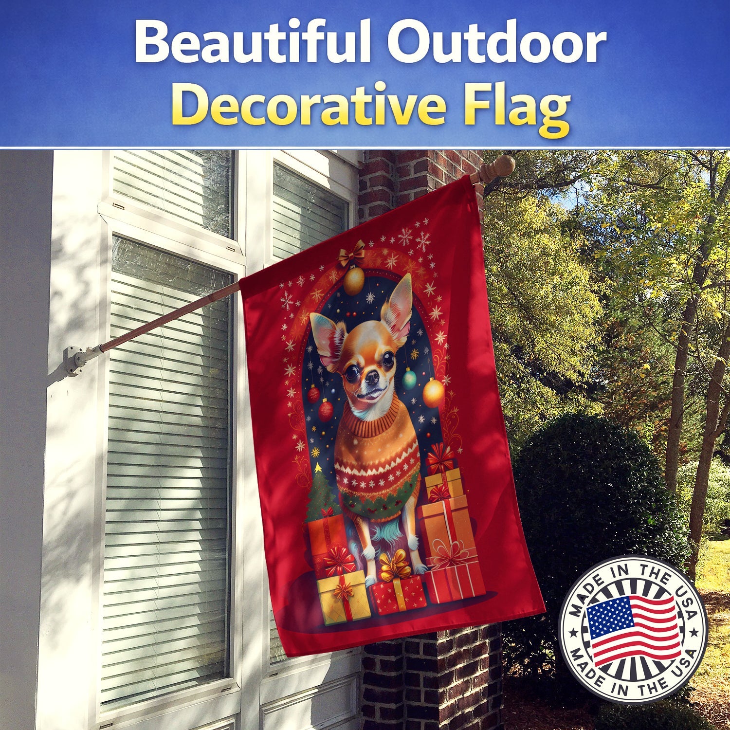 Chihuahua Holiday Christmas House Flag 28x40 Porch Sleeve Pole Decorative Outside Yard Banner Artwork Wall Hanging, Polyester