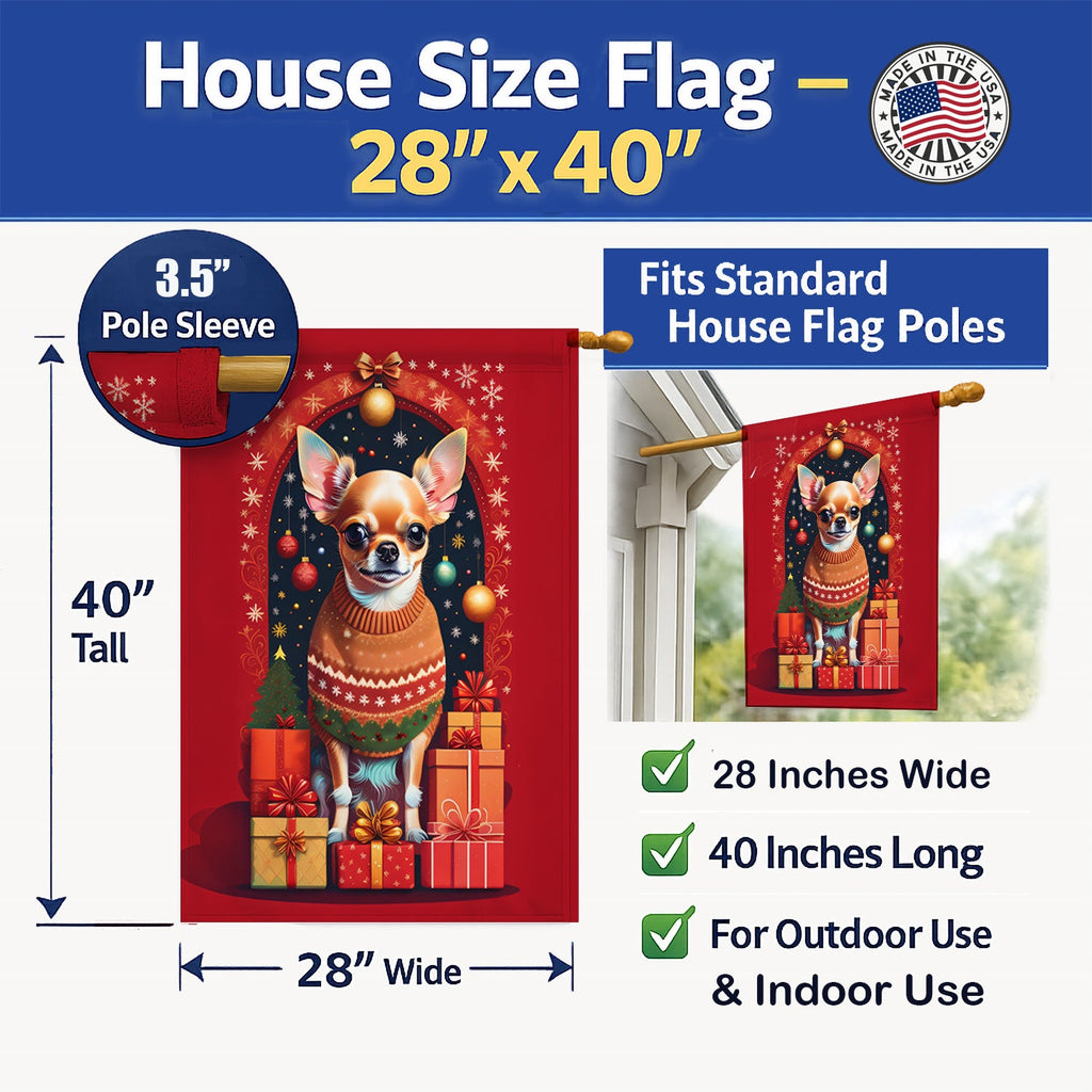 Chihuahua Holiday Christmas House Flag 28x40 Porch Sleeve Pole Decorative Outside Yard Banner Artwork Wall Hanging, Polyester