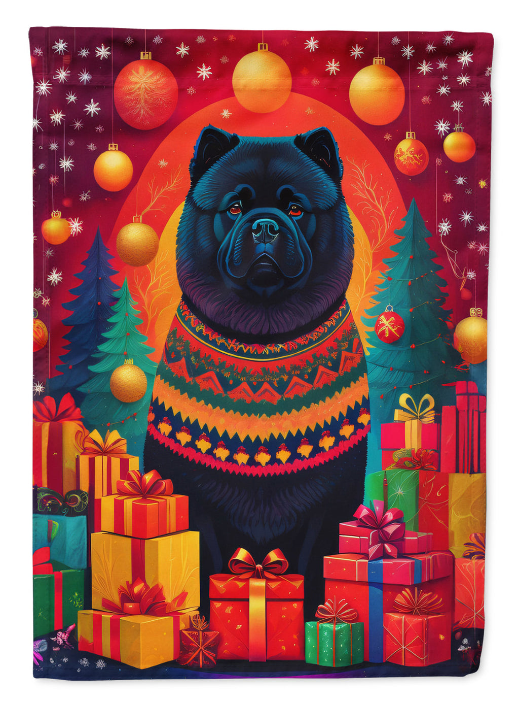 Black Chow Chow Holiday Christmas House Flag 28x40 Porch Sleeve Pole Decorative Outside Yard Banner Artwork Wall Hanging, Polyester