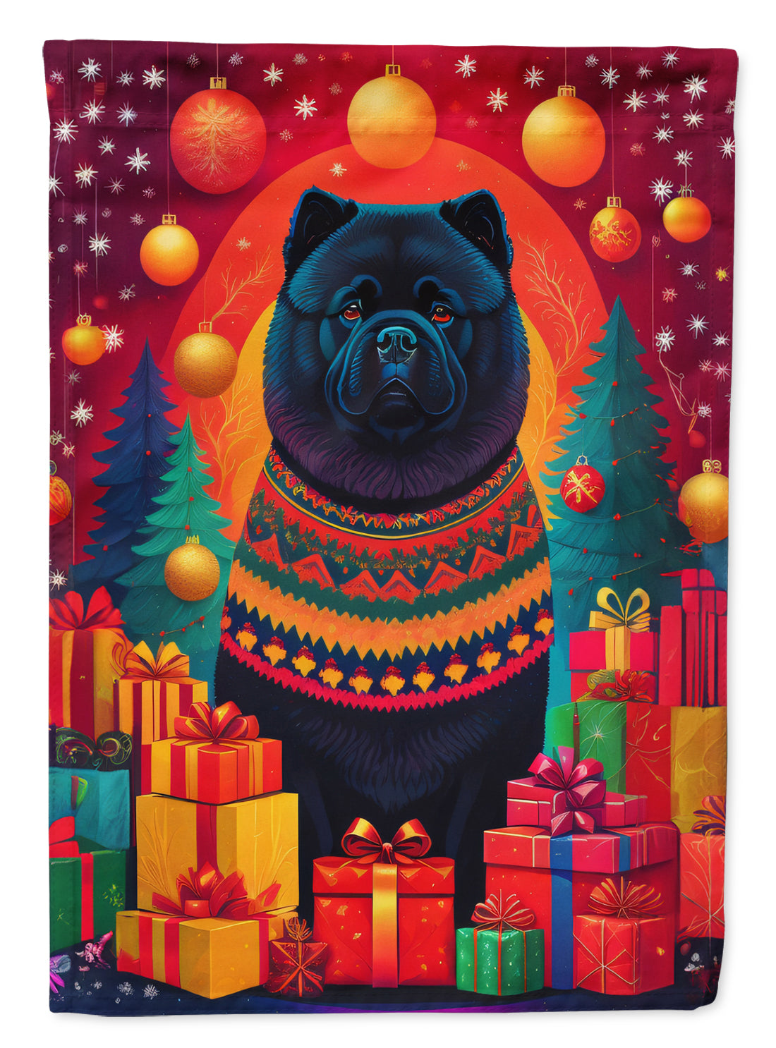 Black Chow Chow Holiday Christmas House Flag 28x40 Porch Sleeve Pole Decorative Outside Yard Banner Artwork Wall Hanging, Polyester