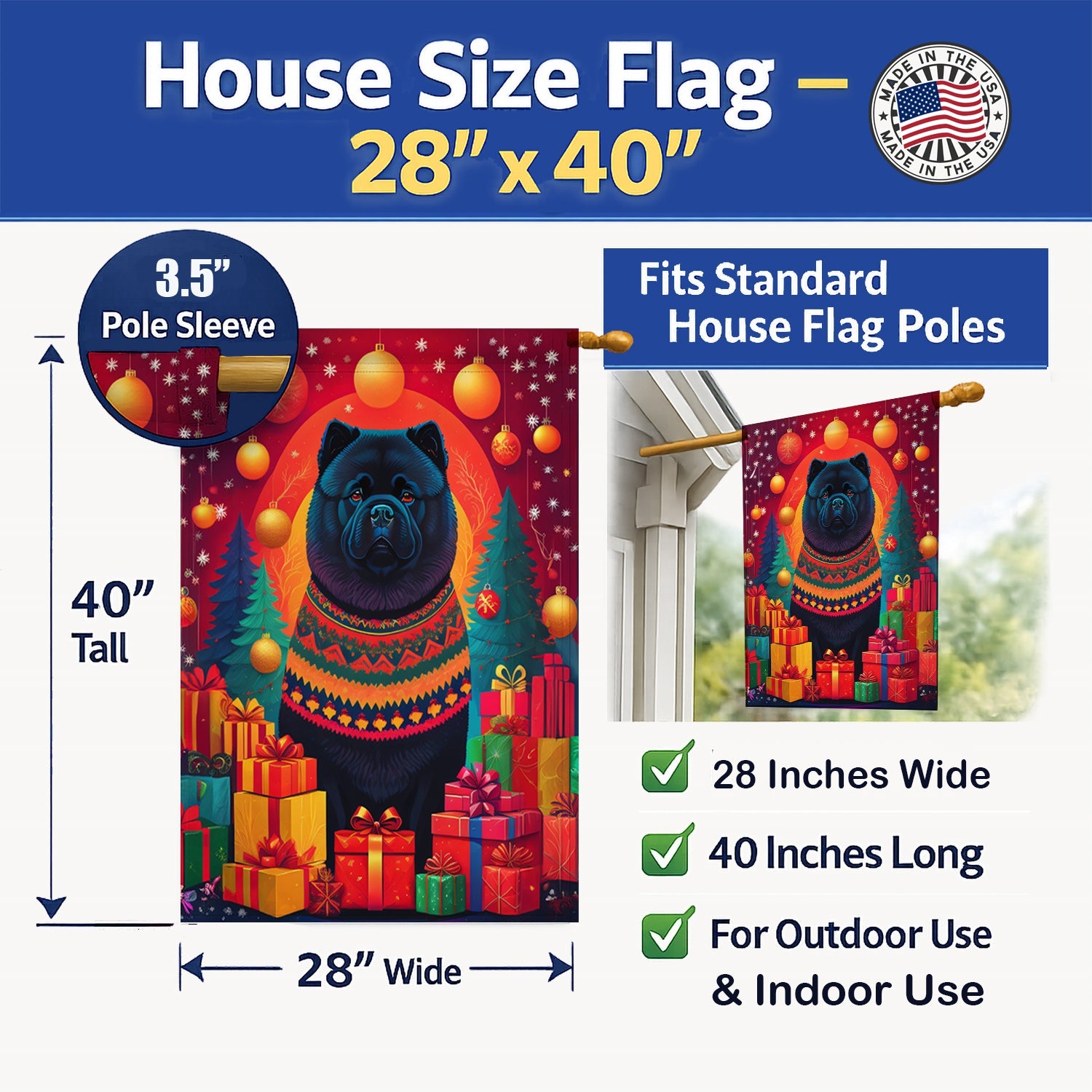 Black Chow Chow Holiday Christmas House Flag 28x40 Porch Sleeve Pole Decorative Outside Yard Banner Artwork Wall Hanging, Polyester