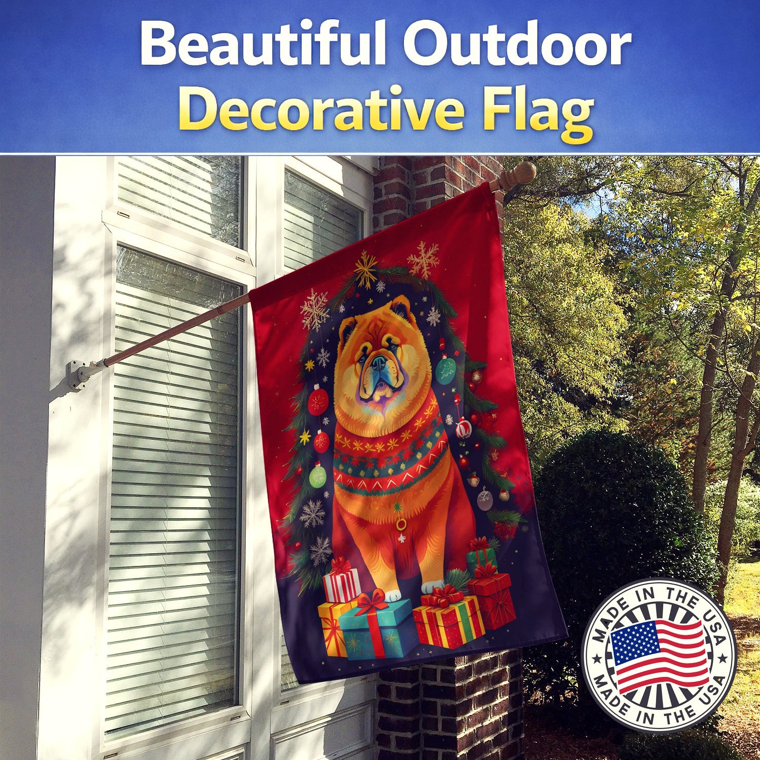 Chow Chow Holiday Christmas House Flag 28x40 Porch Sleeve Pole Decorative Outside Yard Banner Artwork Wall Hanging, Polyester