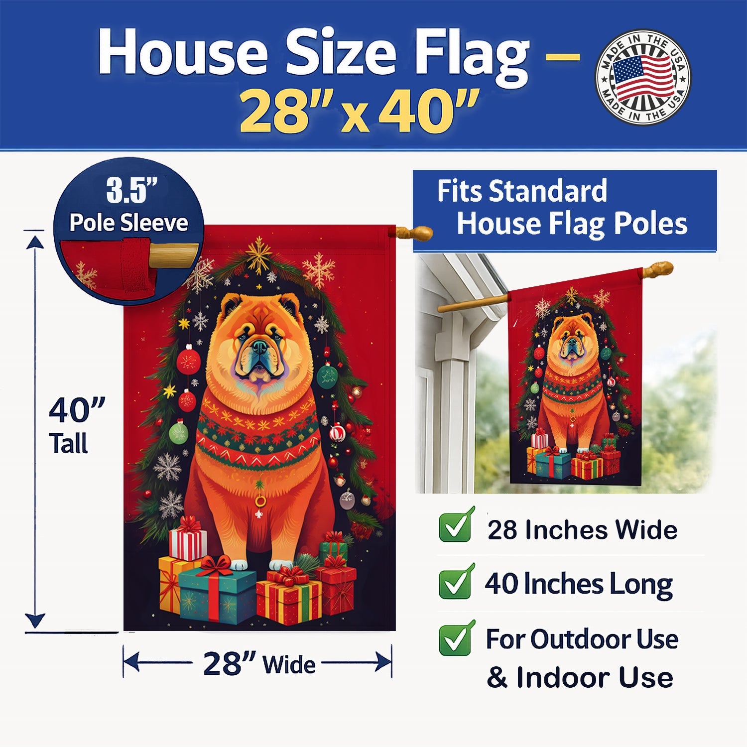 Chow Chow Holiday Christmas House Flag 28x40 Porch Sleeve Pole Decorative Outside Yard Banner Artwork Wall Hanging, Polyester