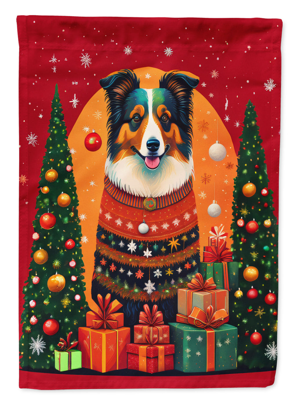 Collie Holiday Christmas House Flag 28x40 Porch Sleeve Pole Decorative Outside Yard Banner Artwork Wall Hanging, Polyester