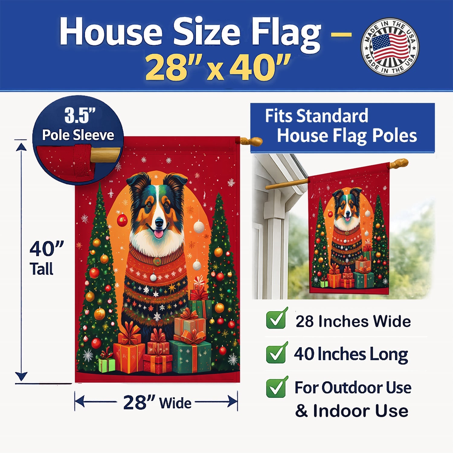 Collie Holiday Christmas House Flag 28x40 Porch Sleeve Pole Decorative Outside Yard Banner Artwork Wall Hanging, Polyester