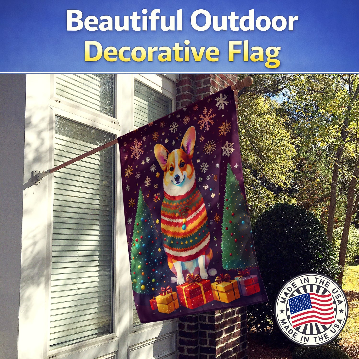 Corgi Holiday Christmas House Flag 28x40 Porch Sleeve Pole Decorative Outside Yard Banner Artwork Wall Hanging, Polyester