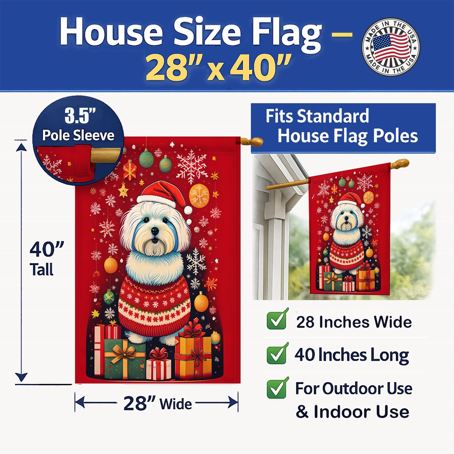 Coton De Tulear Holiday Christmas House Flag 28x40 Porch Sleeve Pole Decorative Outside Yard Banner Artwork Wall Hanging, Polyester