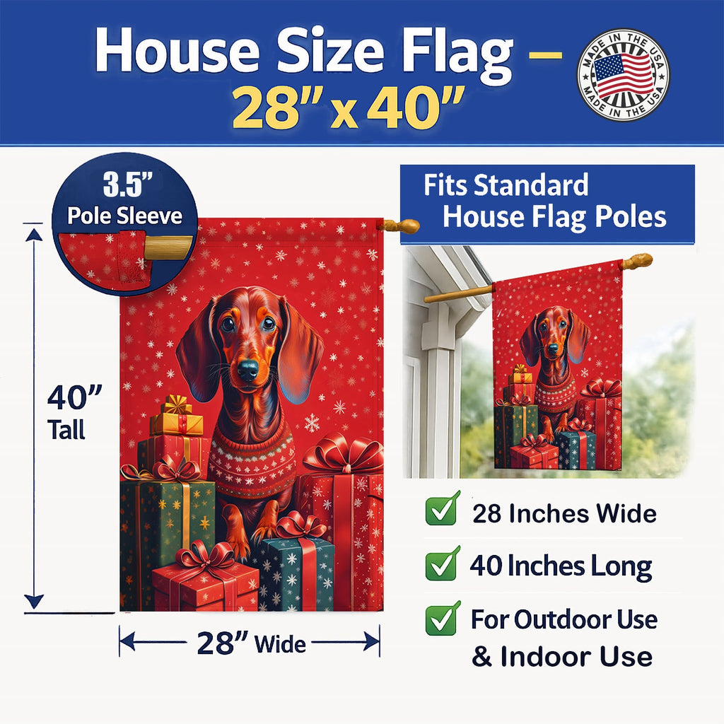 Dachshund Holiday Christmas House Flag 28x40 Porch Sleeve Pole Decorative Outside Yard Banner Artwork Wall Hanging, Polyester