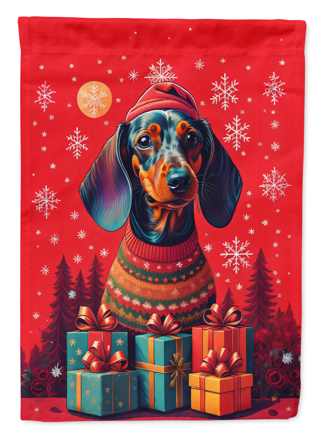 Dachshund Holiday Christmas House Flag 28x40 Porch Sleeve Pole Decorative Outside Yard Banner Artwork Wall Hanging, Polyester