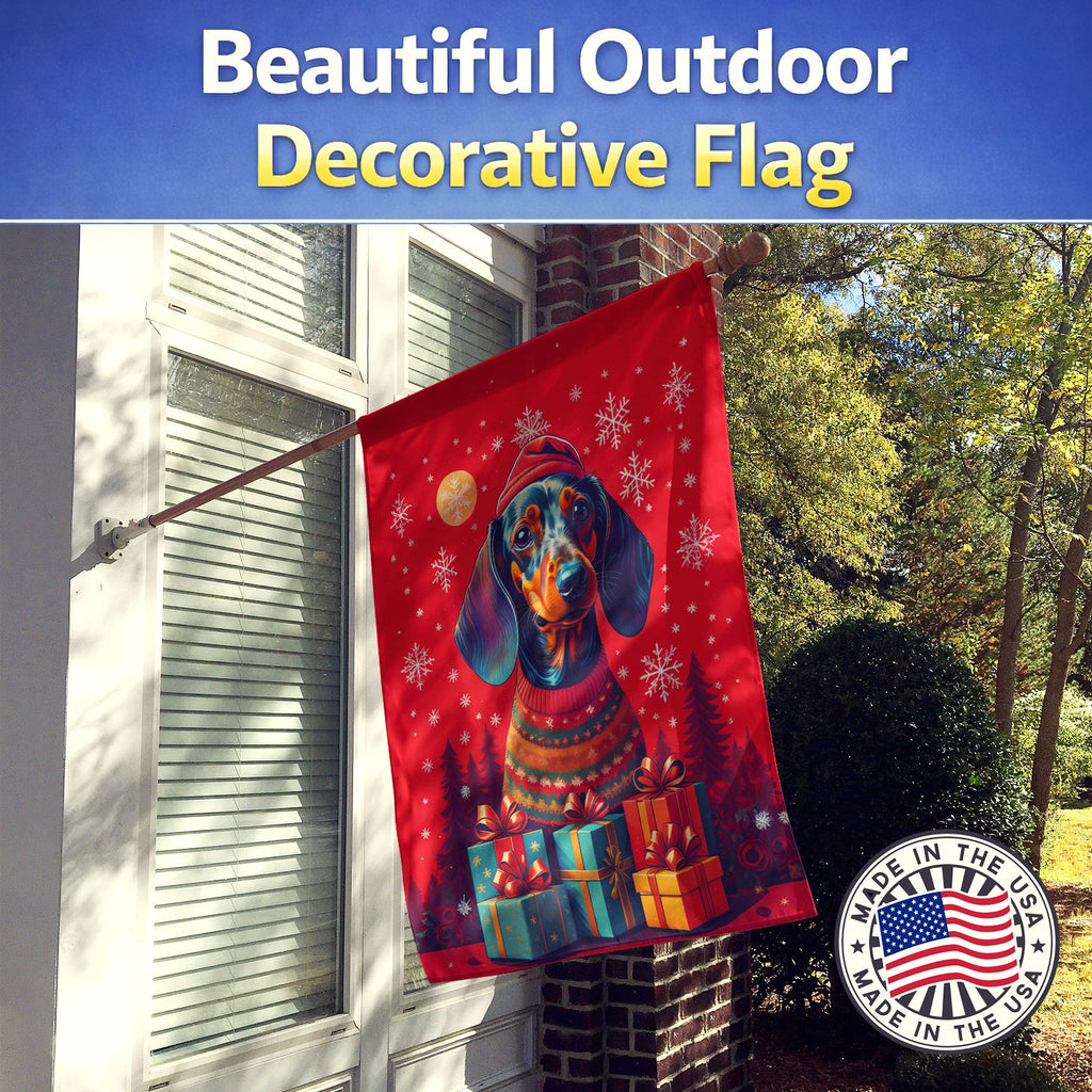 Dachshund Holiday Christmas House Flag 28x40 Porch Sleeve Pole Decorative Outside Yard Banner Artwork Wall Hanging, Polyester