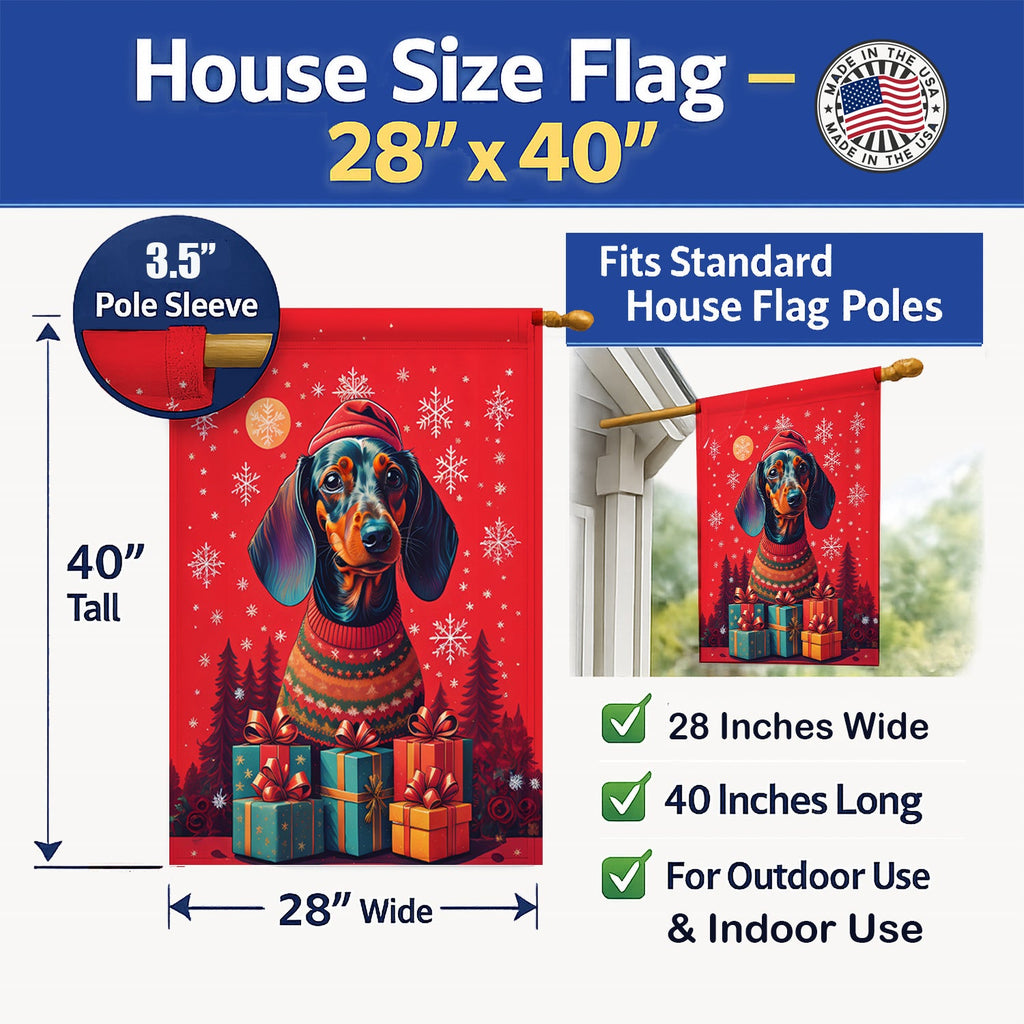 Dachshund Holiday Christmas House Flag 28x40 Porch Sleeve Pole Decorative Outside Yard Banner Artwork Wall Hanging, Polyester