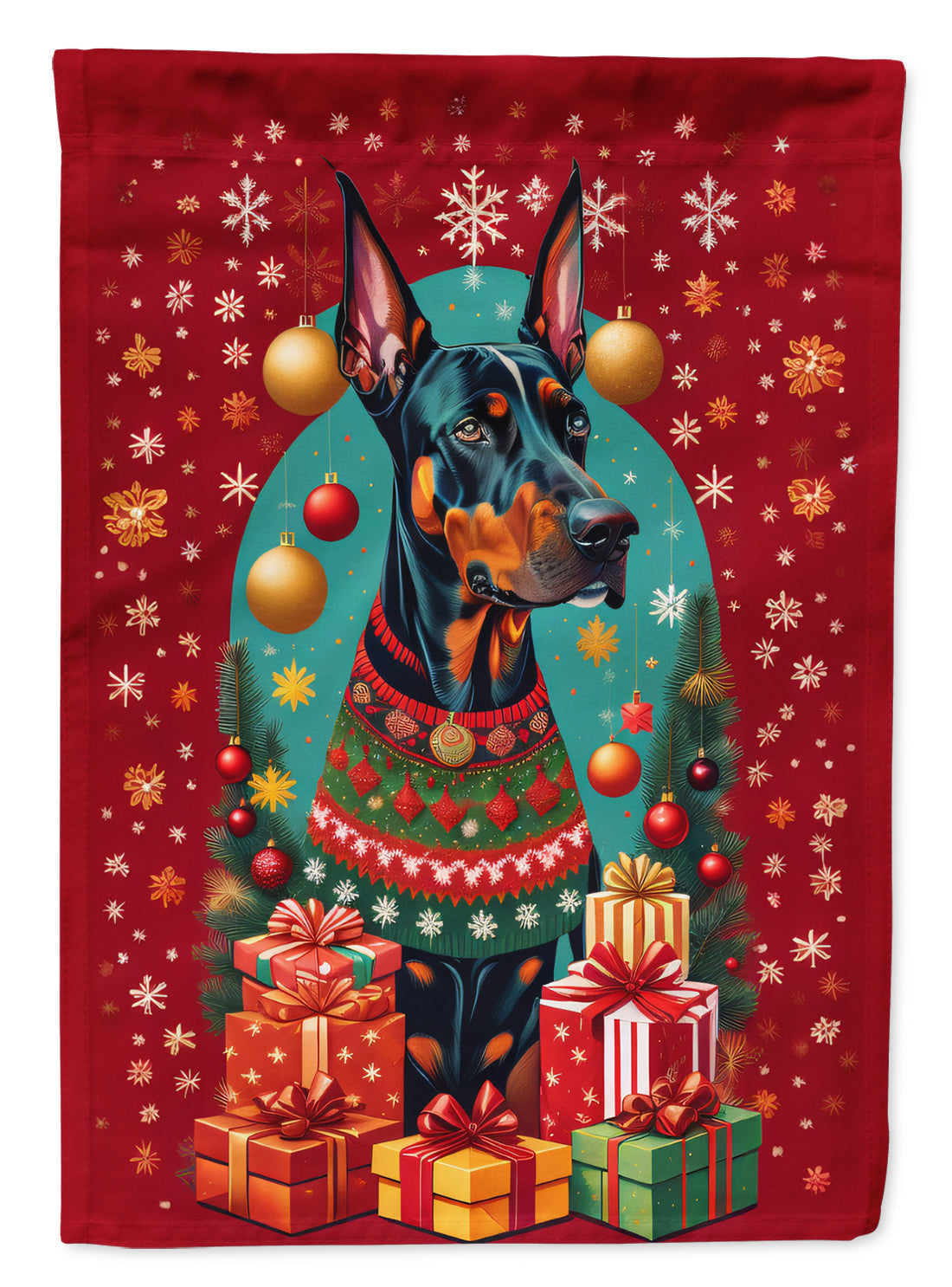 Doberman Pinscher Holiday Christmas House Flag 28x40 Porch Sleeve Pole Decorative Outside Yard Banner Artwork Wall Hanging, Polyester