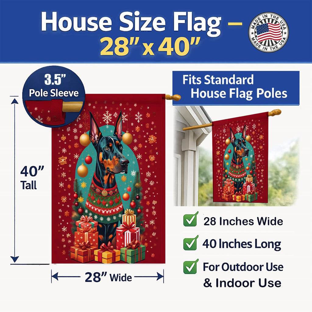 Doberman Pinscher Holiday Christmas House Flag 28x40 Porch Sleeve Pole Decorative Outside Yard Banner Artwork Wall Hanging, Polyester