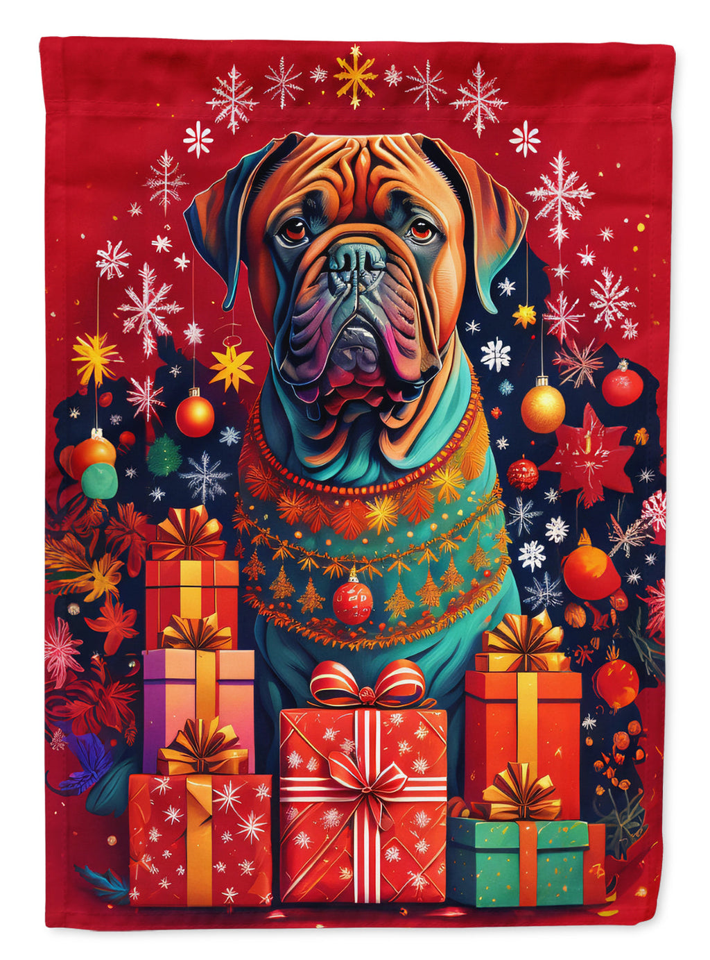 Dogue de Bordeaux Holiday Christmas House Flag 28x40 Porch Sleeve Pole Decorative Outside Yard Banner Artwork Wall Hanging, Polyester