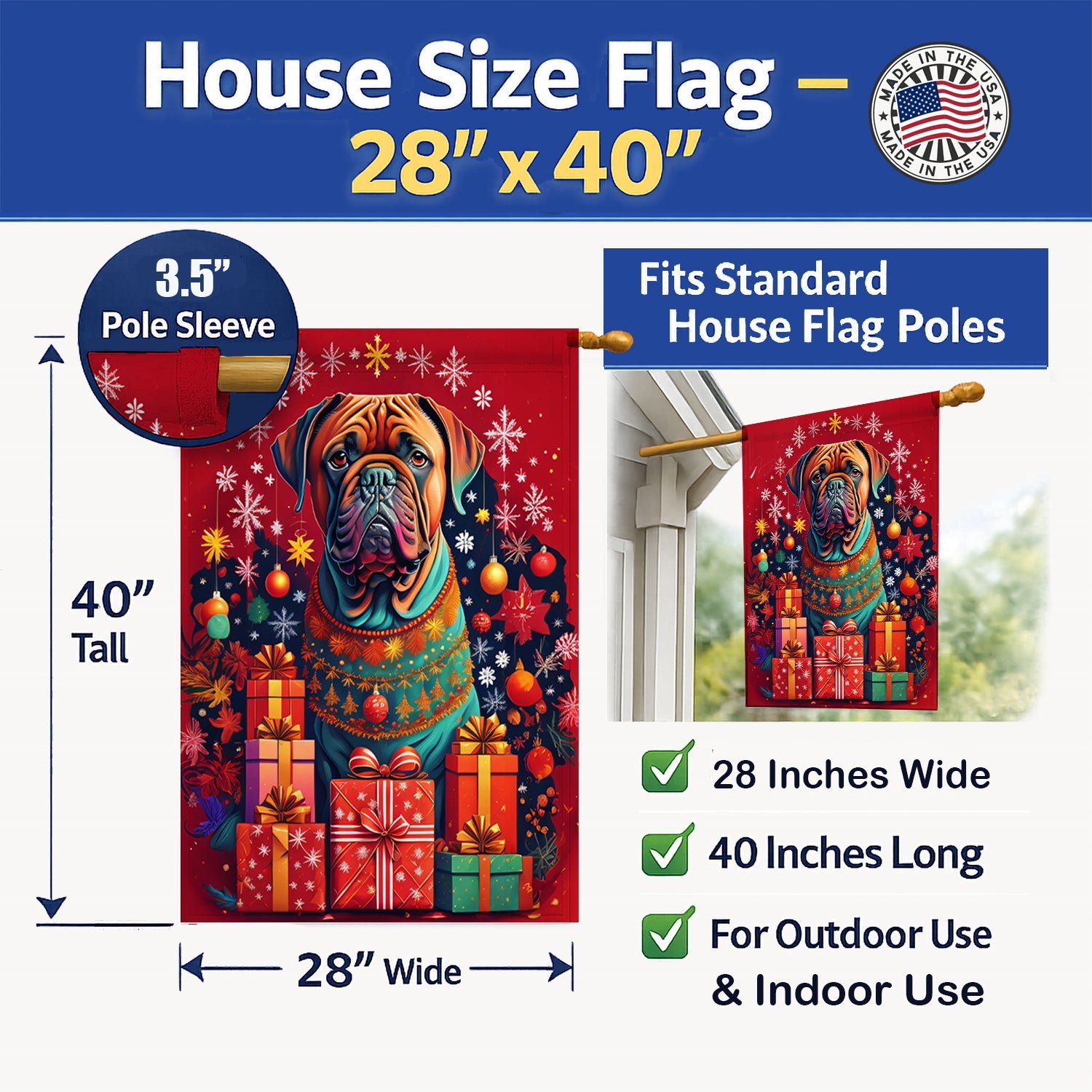 Dogue de Bordeaux Holiday Christmas House Flag 28x40 Porch Sleeve Pole Decorative Outside Yard Banner Artwork Wall Hanging, Polyester