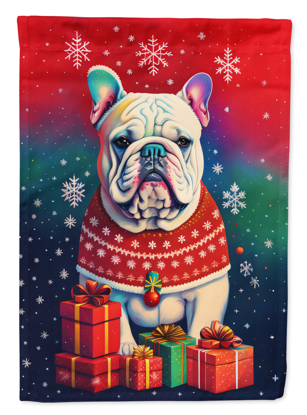 English Bulldog Holiday Christmas House Flag 28x40 Porch Sleeve Pole Decorative Outside Yard Banner Artwork Wall Hanging, Polyester