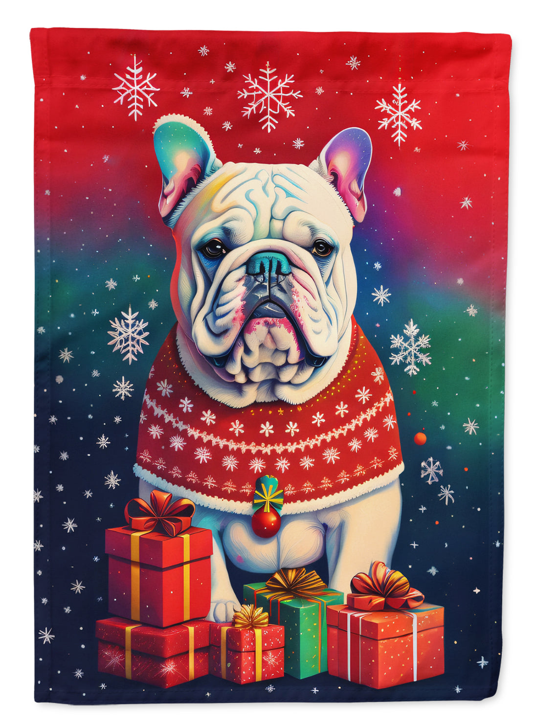 English Bulldog Holiday Christmas House Flag 28x40 Porch Sleeve Pole Decorative Outside Yard Banner Artwork Wall Hanging, Polyester