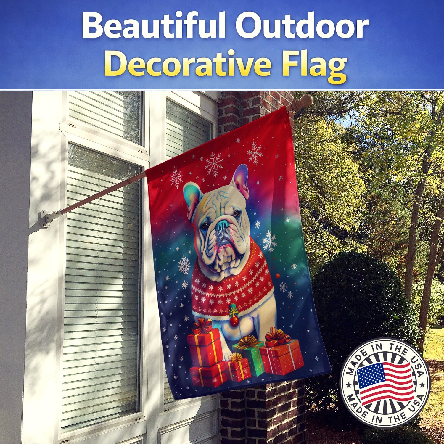 English Bulldog Holiday Christmas House Flag 28x40 Porch Sleeve Pole Decorative Outside Yard Banner Artwork Wall Hanging, Polyester