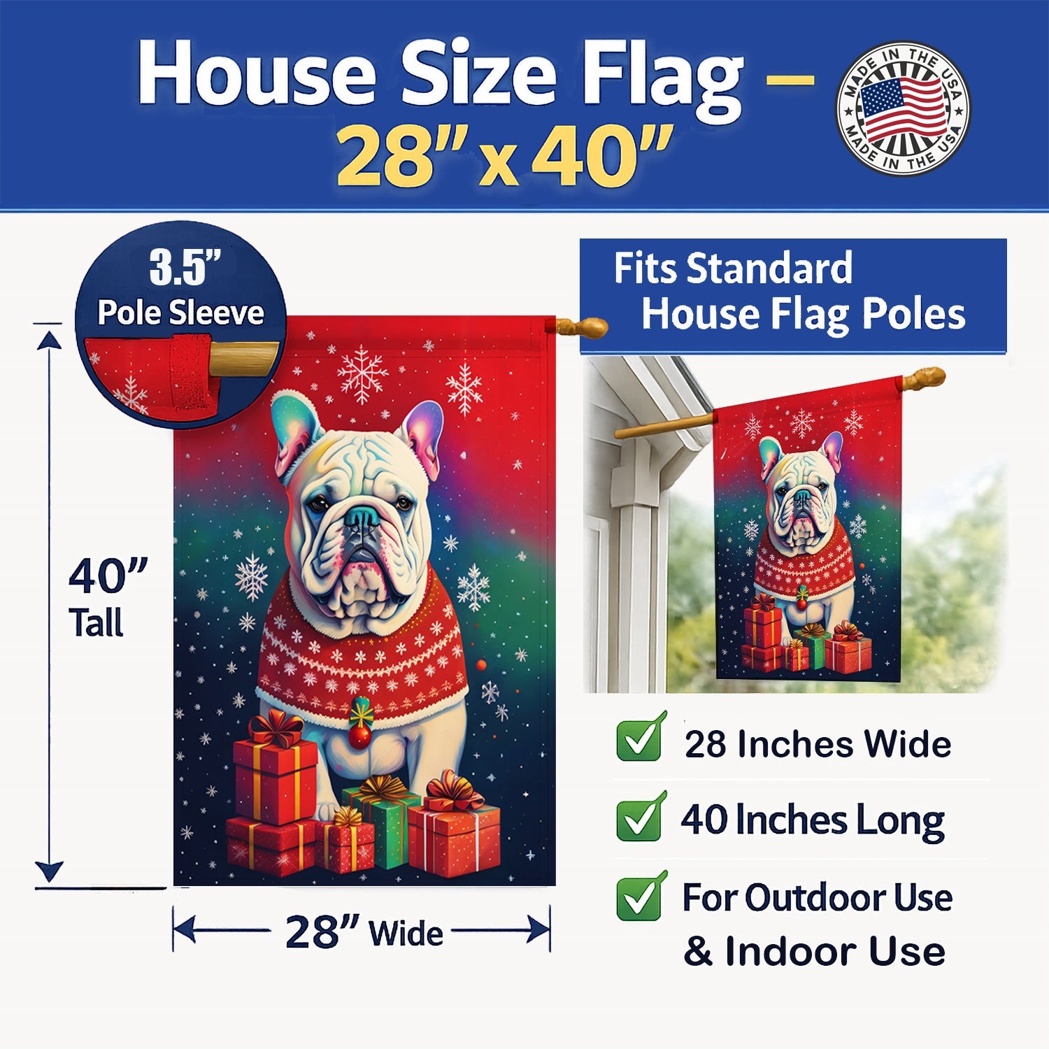 English Bulldog Holiday Christmas House Flag 28x40 Porch Sleeve Pole Decorative Outside Yard Banner Artwork Wall Hanging, Polyester