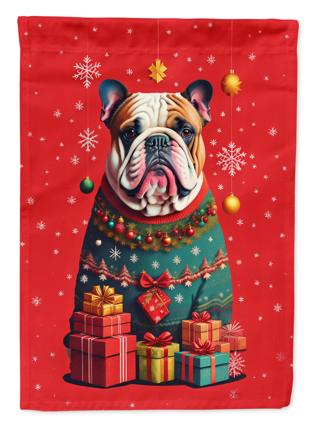 English Bulldog Holiday Christmas House Flag 28x40 Porch Sleeve Pole Decorative Outside Yard Banner Artwork Wall Hanging, Polyester