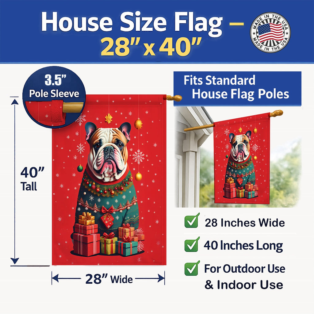 English Bulldog Holiday Christmas House Flag 28x40 Porch Sleeve Pole Decorative Outside Yard Banner Artwork Wall Hanging, Polyester