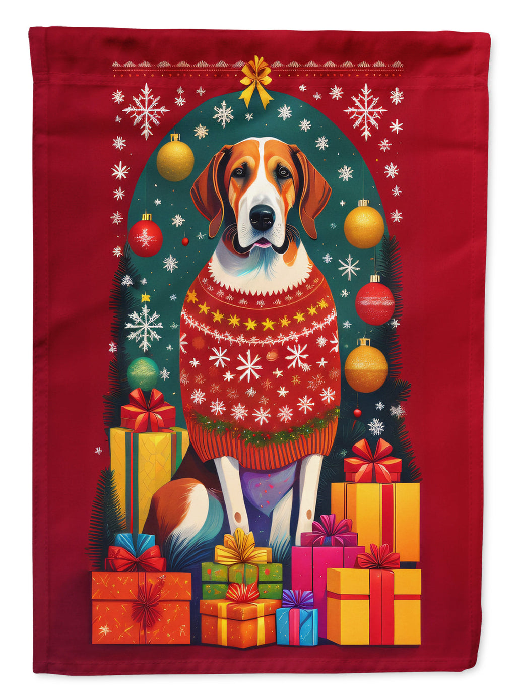 English Foxhound Holiday Christmas House Flag 28x40 Porch Sleeve Pole Decorative Outside Yard Banner Artwork Wall Hanging, Polyester
