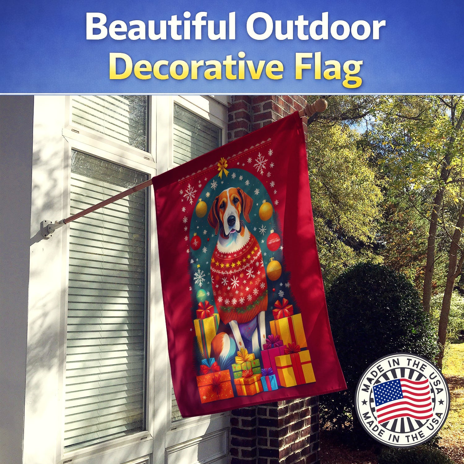 English Foxhound Holiday Christmas House Flag 28x40 Porch Sleeve Pole Decorative Outside Yard Banner Artwork Wall Hanging, Polyester