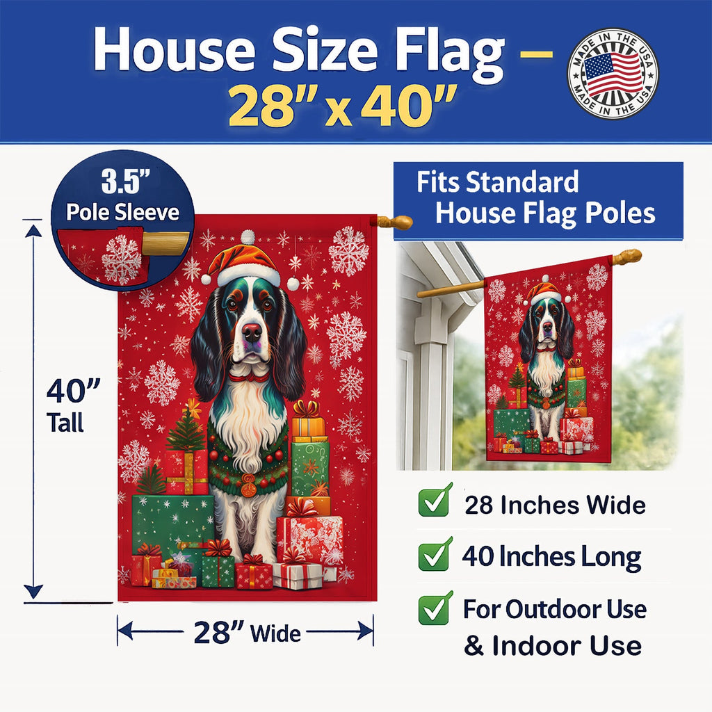 English Springer Spaniel Holiday Christmas House Flag 28x40 Porch Sleeve Pole Decorative Outside Yard Banner Artwork Wall Hanging, Polyester