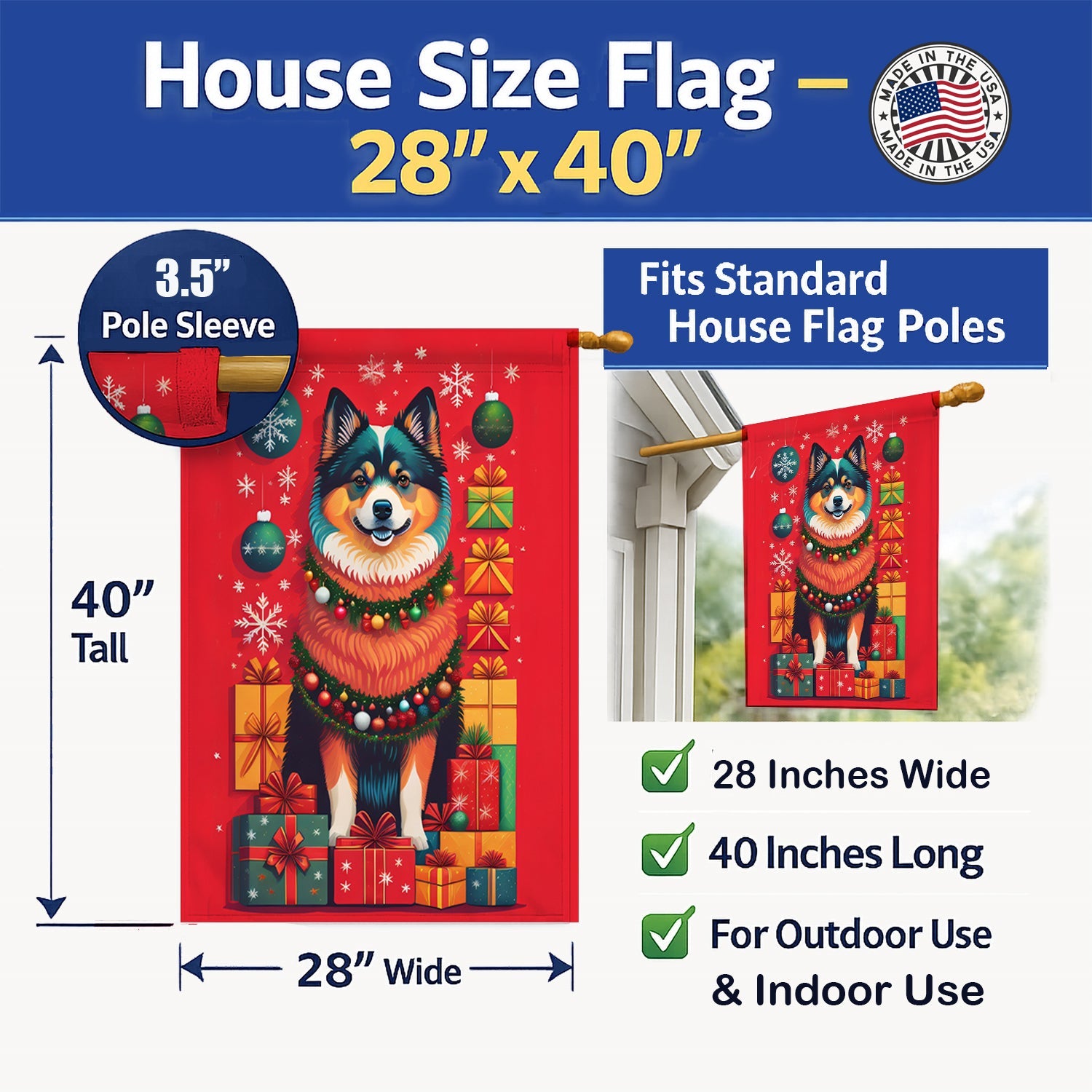 Finnish Lapphund Holiday Christmas House Flag 28x40 Porch Sleeve Pole Decorative Outside Yard Banner Artwork Wall Hanging, Polyester