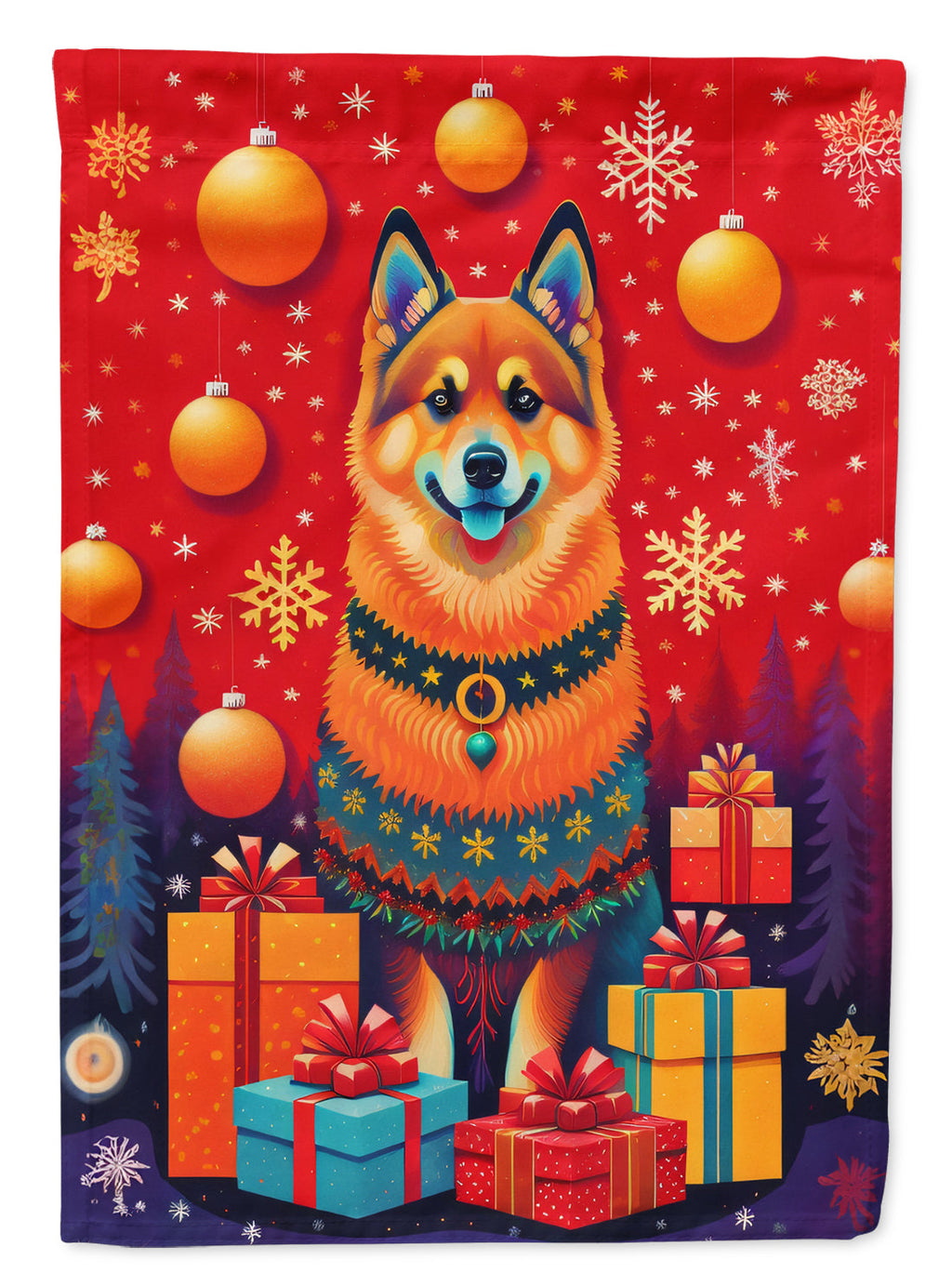 Finnish Spitz Holiday Christmas House Flag 28x40 Porch Sleeve Pole Decorative Outside Yard Banner Artwork Wall Hanging, Polyester
