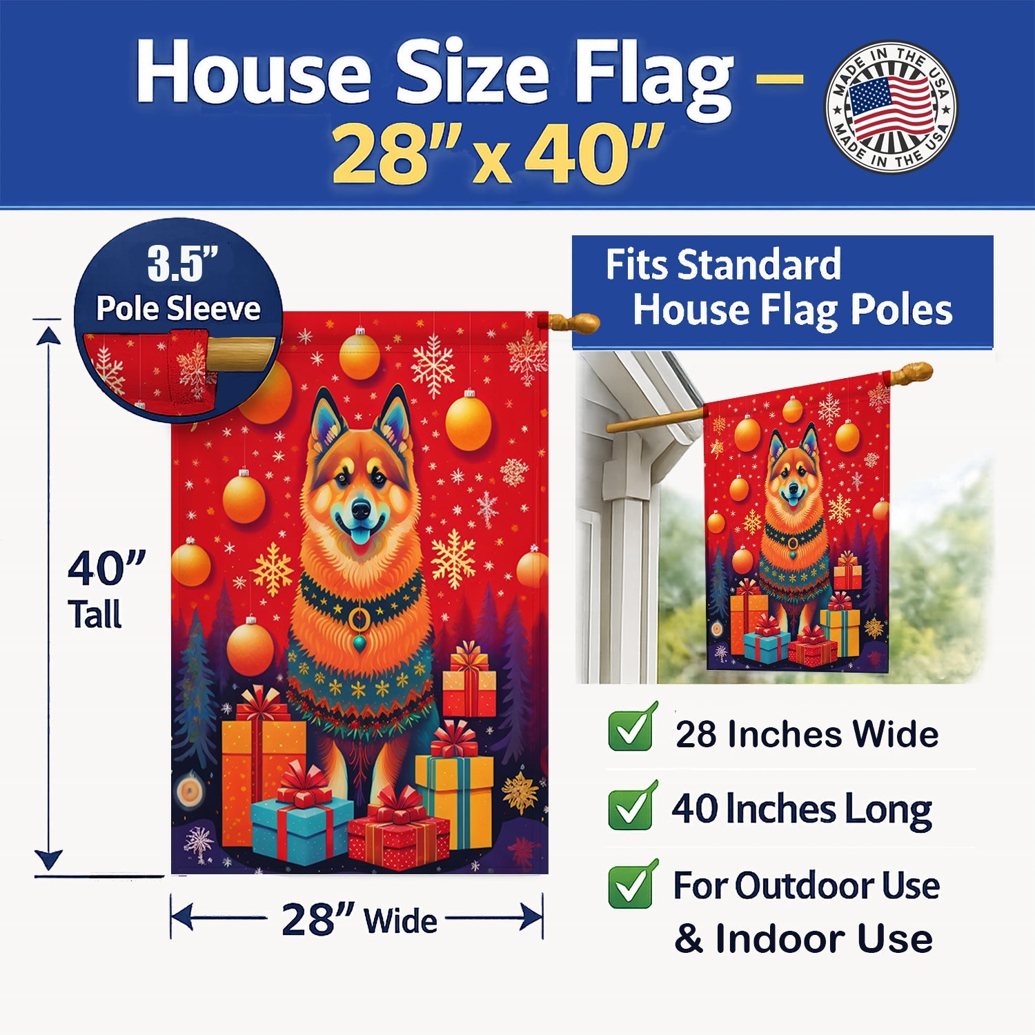 Finnish Spitz Holiday Christmas House Flag 28x40 Porch Sleeve Pole Decorative Outside Yard Banner Artwork Wall Hanging, Polyester