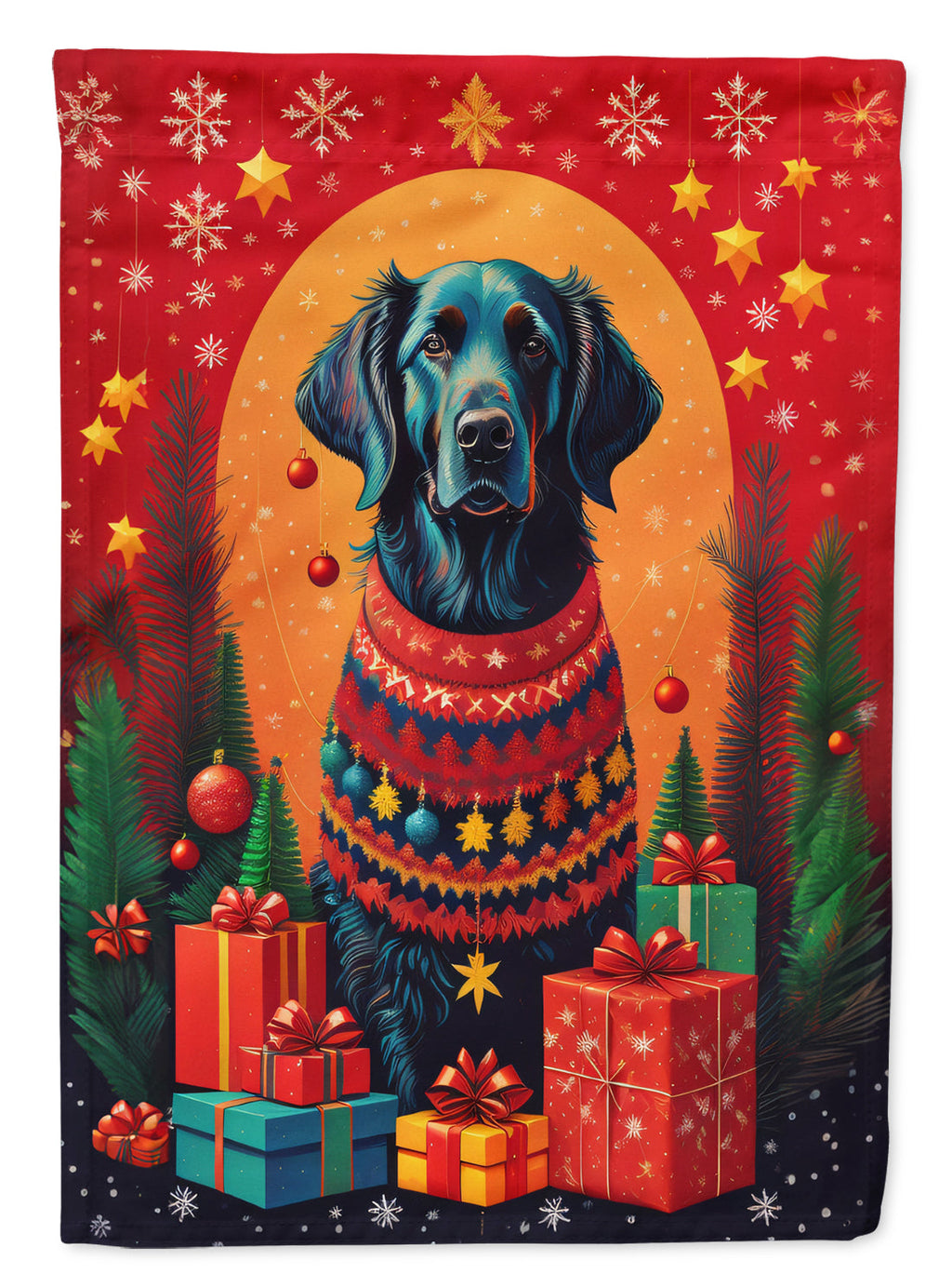 Flat-Coated Retriever Holiday Christmas House Flag 28x40 Porch Sleeve Pole Decorative Outside Yard Banner Artwork Wall Hanging, Polyester